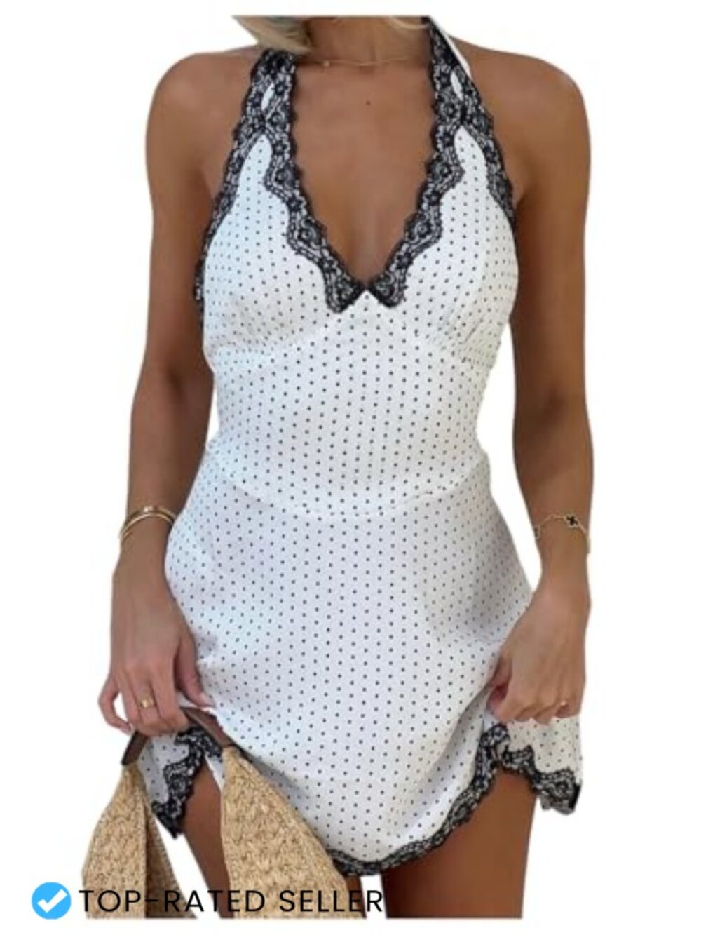 Polka Dots Halter Mini Dress Lace Trim Backless Date Night